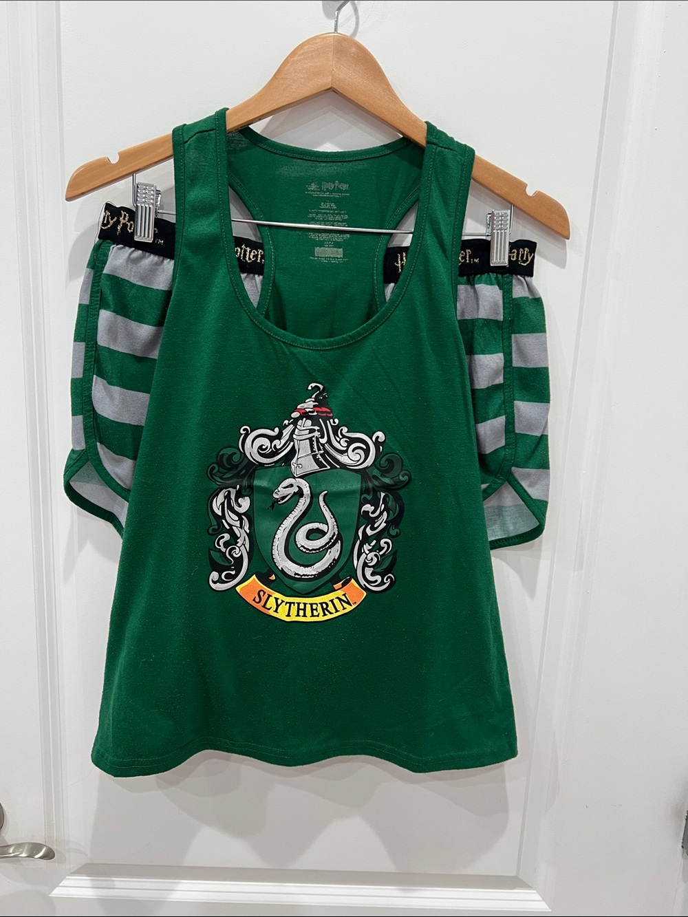 Pottery Barn Green Slytherin Crest Tank with Gray Striped Shorts